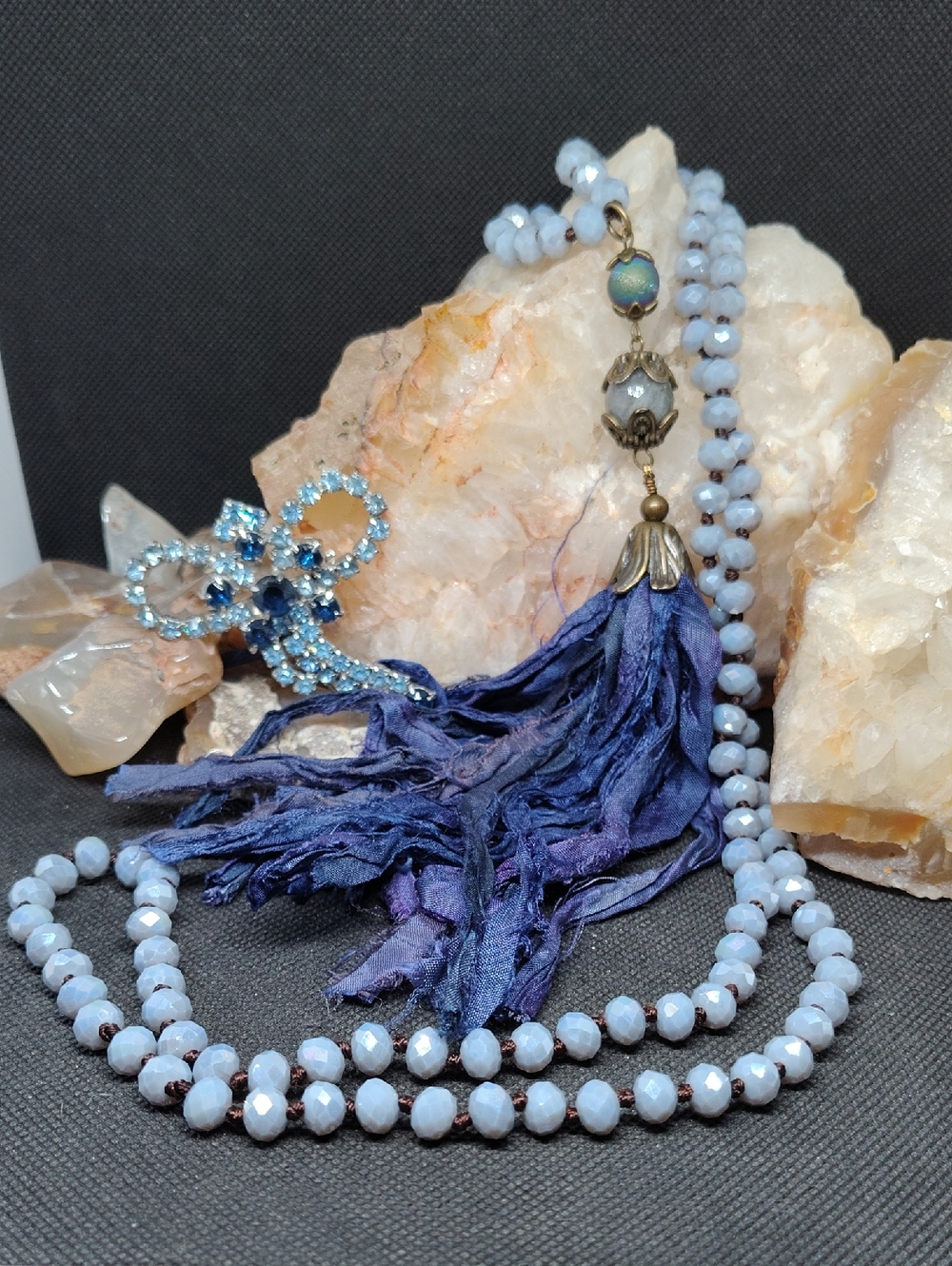 Blue Beaded Mala Tassel Necklace - Light Blue And Brooch Set